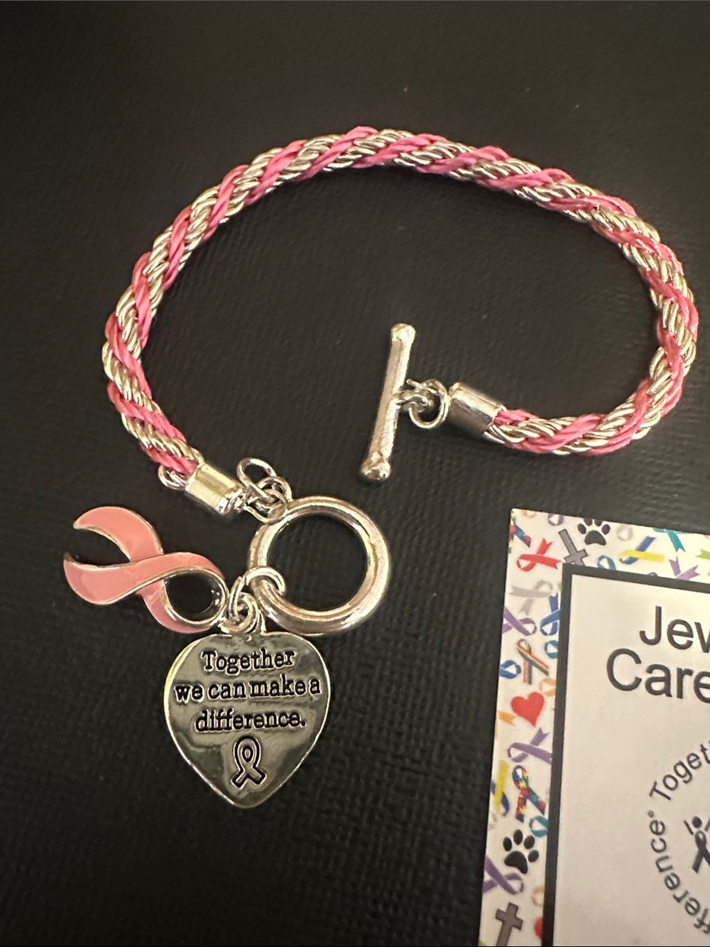Pink and Silver Awareness Rope Toggle Bracelet - Picture 2 of 2